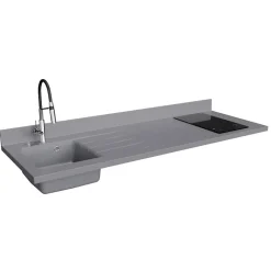 Plan de travail monobloc PlaniQuartz avec évier - 180 cm - Cromo - évier à gauche - Plaque de cuisson Induction