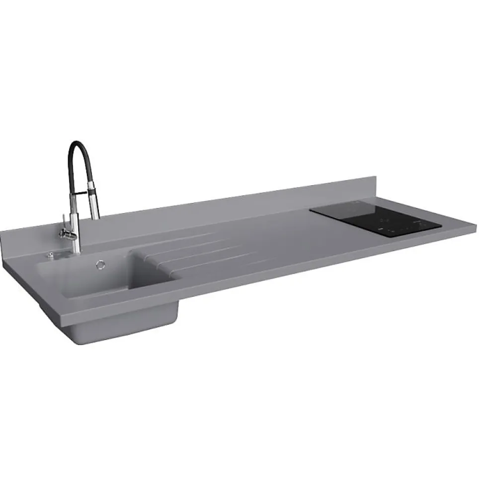 Plan de travail monobloc PlaniQuartz avec évier - 180 cm - Cromo - évier à gauche - Plaque de cuisson Induction