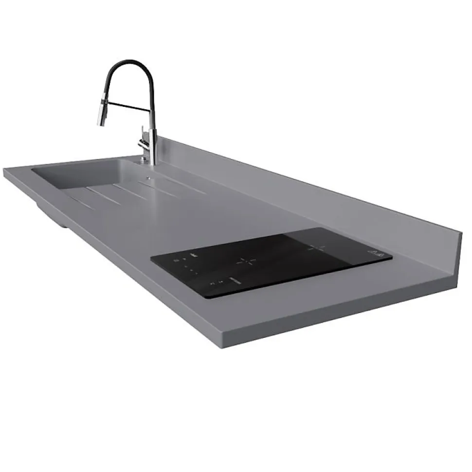 Plan de travail monobloc PlaniQuartz avec évier - 180 cm - Cromo - évier à gauche - Plaque de cuisson Induction