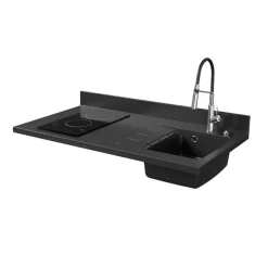 Plan de travail monobloc PlaniQuartz avec évier - 120 cm - Nero - évier à droite - Plaque de cuisson Vitrocéramique