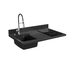 Plan de travail monobloc PlaniQuartz avec évier - 100 cm - Nero - évier à gauche - Plaque de cuisson Vitrocéramique