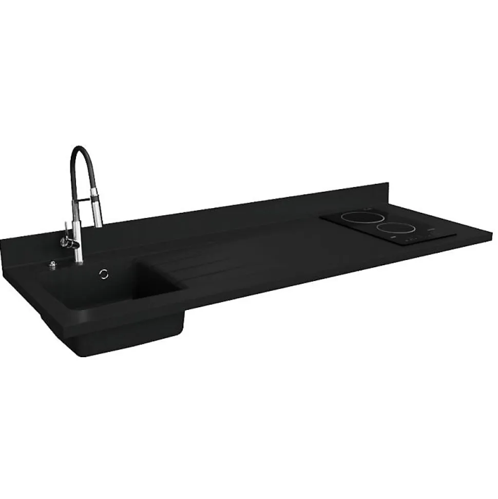 Plan de travail monobloc PlaniQuartz avec évier - 180 cm - Nero - évier à gauche - Plaque de cuisson Vitrocéramique