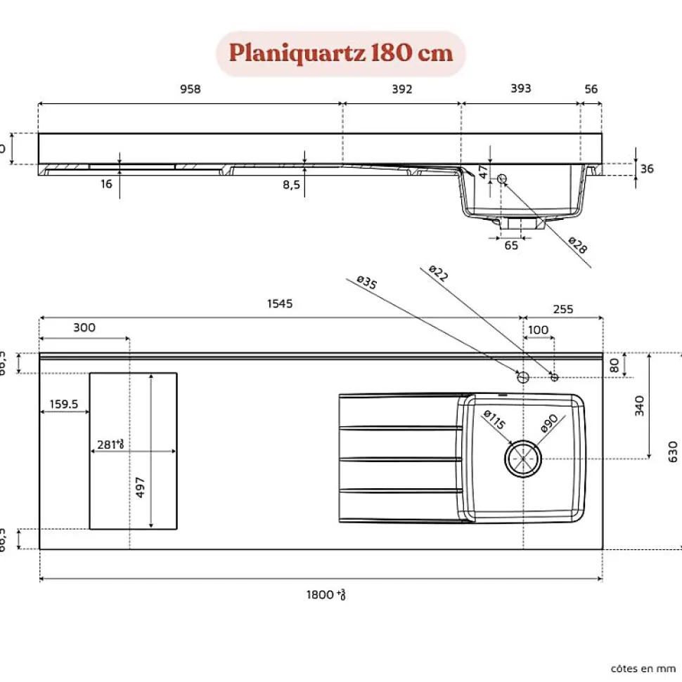 Plan de travail monobloc PlaniQuartz avec évier - 180 cm - Nero - évier à gauche - Plaque de cuisson Vitrocéramique