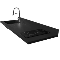 Plan de travail monobloc PlaniQuartz avec évier - 180 cm - Nero - évier à gauche - Plaque de cuisson Vitrocéramique