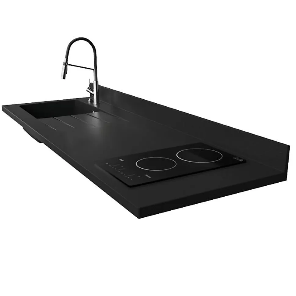 Plan de travail monobloc PlaniQuartz avec évier - 180 cm - Nero - évier à gauche - Plaque de cuisson Vitrocéramique