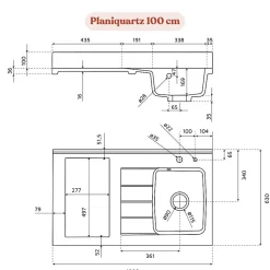 Plan de travail monobloc PlaniQuartz avec évier - 100 cm - Snova - évier à droite - Plaque de cuisson Non inclus