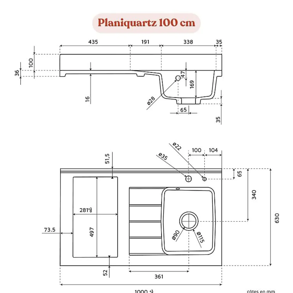 Plan de travail monobloc PlaniQuartz avec évier - 100 cm - Cromo - évier à droite - Plaque de cuisson Vitrocéramique