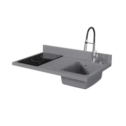 Plan de travail monobloc PlaniQuartz avec évier - 100 cm - Cromo - évier à droite - Plaque de cuisson Vitrocéramique