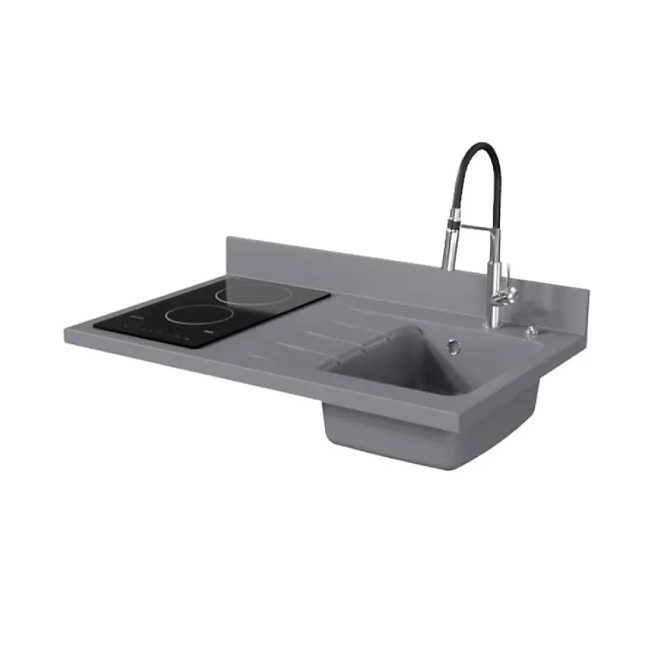 Plan de travail monobloc PlaniQuartz avec évier - 100 cm - Cromo - évier à droite - Plaque de cuisson Vitrocéramique