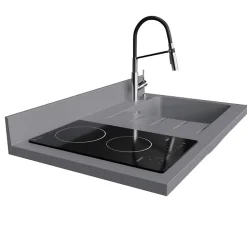 Plan de travail monobloc PlaniQuartz avec évier - 100 cm - Cromo - évier à droite - Plaque de cuisson Vitrocéramique