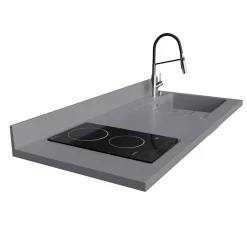 Plan de travail monobloc PlaniQuartz avec évier - 140 cm - Cromo - évier à droite - Plaque de cuisson Vitrocéramique