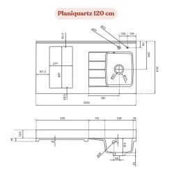 Plan de travail monobloc PlaniQuartz avec évier - 120 cm - Cromo - évier à gauche - Plaque de cuisson Non inclus