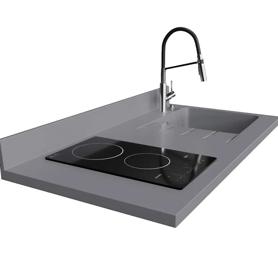 Plan de travail monobloc PlaniQuartz avec évier - 120 cm - Cromo - évier à droite - Plaque de cuisson Vitrocéramique