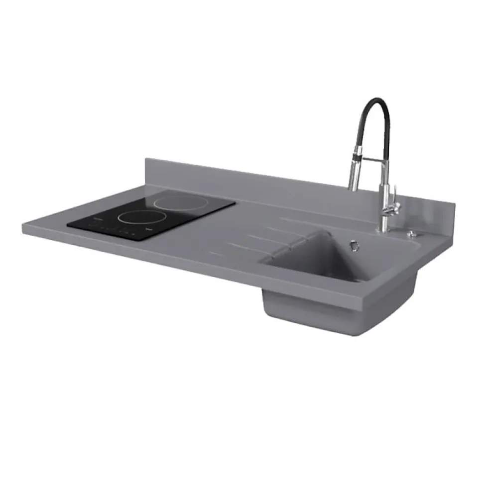 Plan de travail monobloc PlaniQuartz avec évier - 120 cm - Cromo - évier à droite - Plaque de cuisson Vitrocéramique