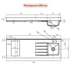 Plan de travail monobloc PlaniQuartz avec évier - 180 cm - Nero - évier à droite - Plaque de cuisson Non inclus