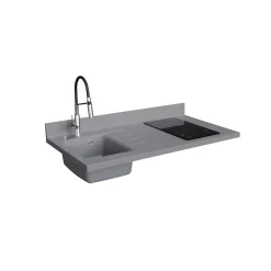 Plan de travail monobloc PlaniQuartz avec évier - 120 cm - Cromo - évier à gauche - Plaque de cuisson Induction