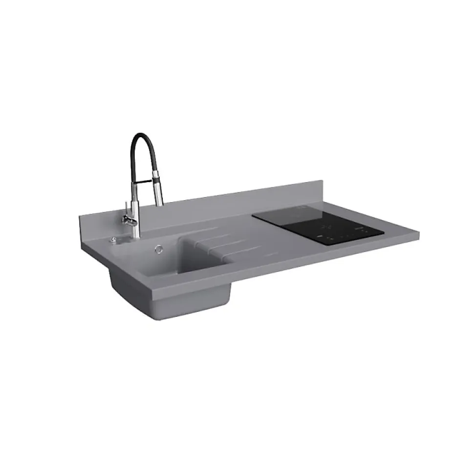 Plan de travail monobloc PlaniQuartz avec évier - 120 cm - Cromo - évier à gauche - Plaque de cuisson Induction