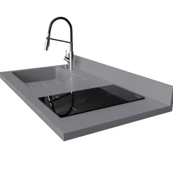 Plan de travail monobloc PlaniQuartz avec évier - 120 cm - Cromo - évier à gauche - Plaque de cuisson Induction