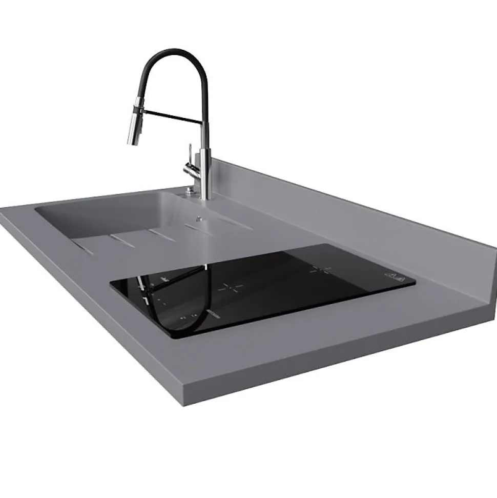 Plan de travail monobloc PlaniQuartz avec évier - 120 cm - Cromo - évier à gauche - Plaque de cuisson Induction