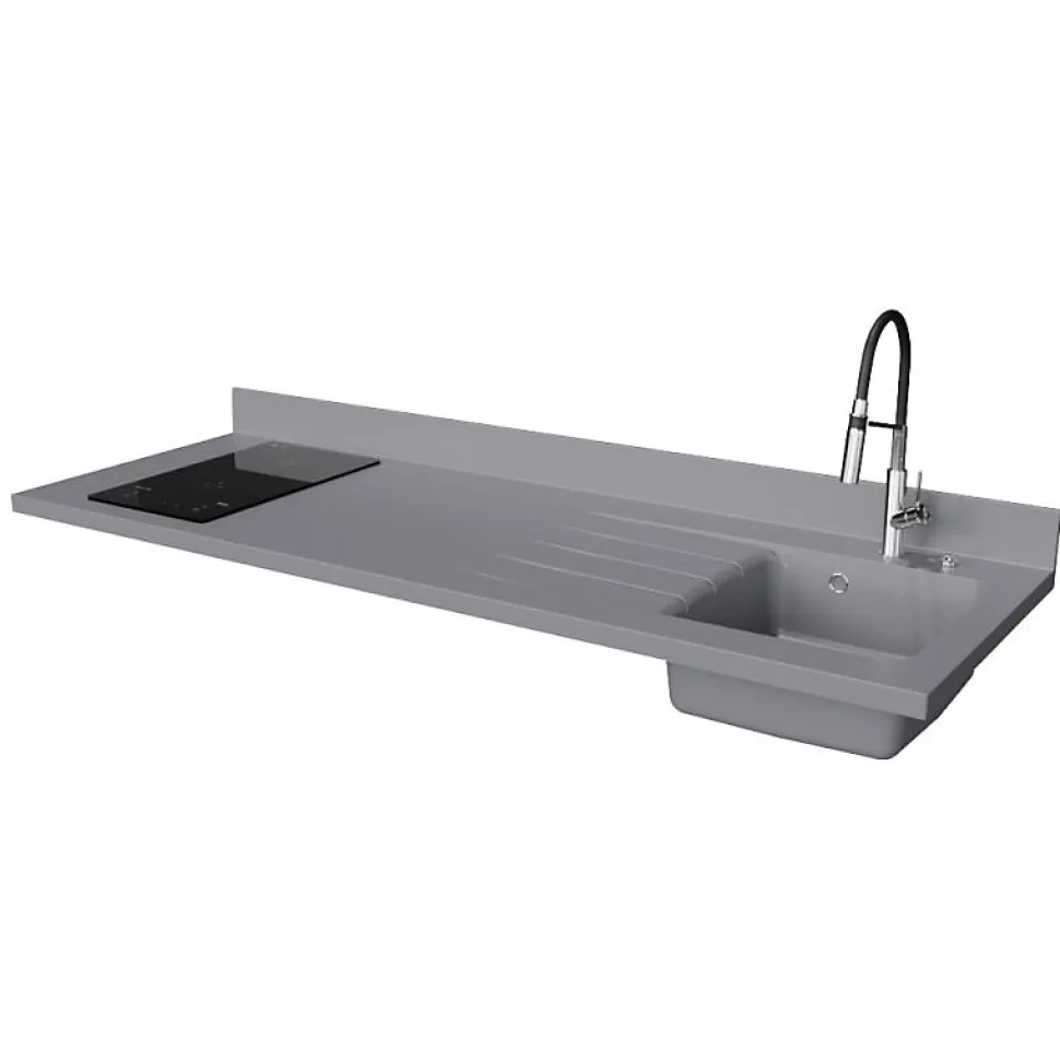 Plan de travail monobloc PlaniQuartz avec évier - 180 cm - Cromo - évier à droite - Plaque de cuisson Induction