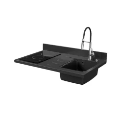 Plan de travail monobloc PlaniQuartz avec évier - 100 cm - Nero - évier à droite - Plaque de cuisson Vitrocéramique