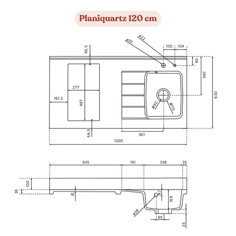 Plan de travail monobloc PlaniQuartz avec évier - 120 cm - Snova - évier à droite - Plaque de cuisson Non inclus