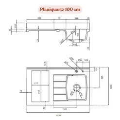 Plan de travail monobloc PlaniQuartz avec évier - 100 cm - Nero - évier à gauche - Plaque de cuisson Non inclus