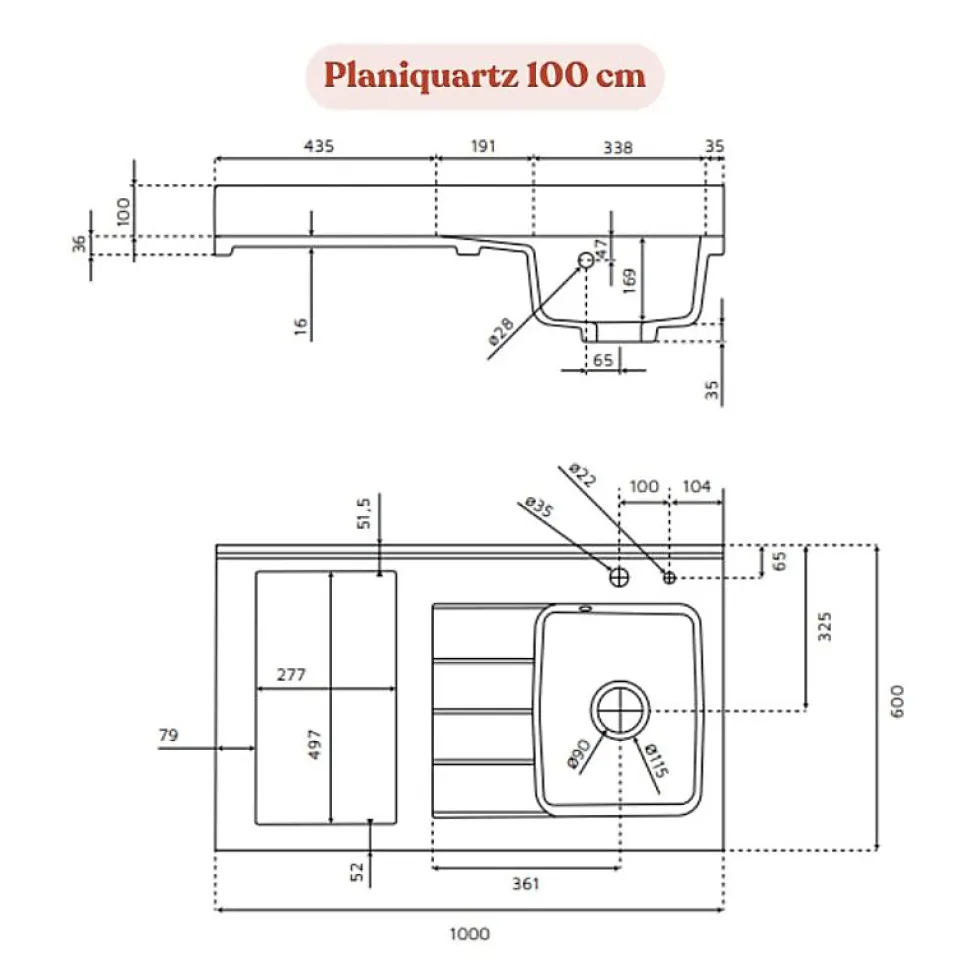 Plan de travail monobloc PlaniQuartz avec évier - 100 cm - Nero - évier à gauche - Plaque de cuisson Non inclus