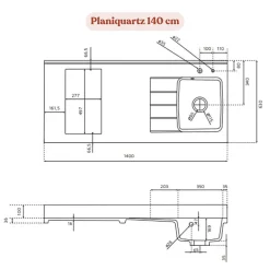 Plan de travail monobloc PlaniQuartz avec évier - 140 cm - Snova - évier à droite - Plaque de cuisson Non inclus