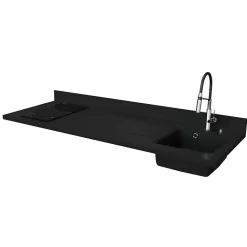 Plan de travail monobloc PlaniQuartz avec évier - 180 cm - Nero - évier à droite - Plaque de cuisson Induction