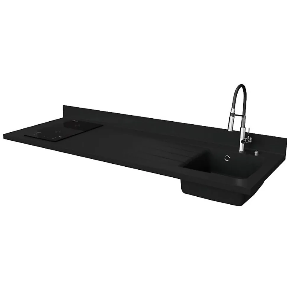 Plan de travail monobloc PlaniQuartz avec évier - 180 cm - Nero - évier à droite - Plaque de cuisson Induction