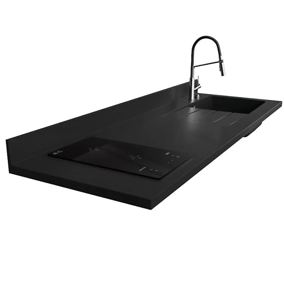 Plan de travail monobloc PlaniQuartz avec évier - 180 cm - Nero - évier à droite - Plaque de cuisson Induction