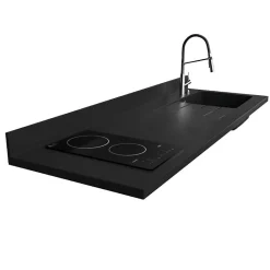 Plan de travail monobloc PlaniQuartz avec évier - 180 cm - Nero - évier à droite - Plaque de cuisson Vitrocéramique