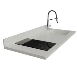 Plan de travail monobloc PlaniQuartz avec évier - 140 cm - Snova - évier à droite - Plaque de cuisson Induction