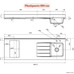 Plan de travail monobloc PlaniQuartz avec évier - 180 cm - Cromo - évier à droite - Plaque de cuisson Non inclus