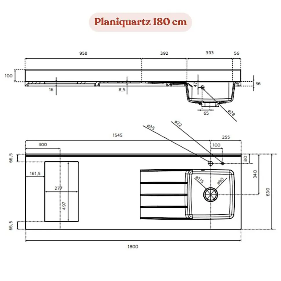 Plan de travail monobloc PlaniQuartz avec évier - 180 cm - Cromo - évier à droite - Plaque de cuisson Non inclus