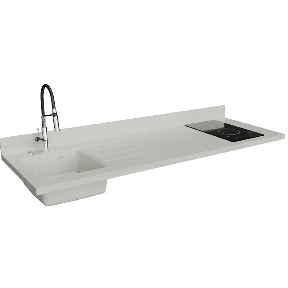 Plan de travail monobloc PlaniQuartz avec évier - 180 cm - Snova - évier à gauche - Plaque de cuisson Vitrocéramique