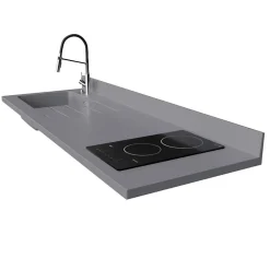 Plan de travail monobloc PlaniQuartz avec évier - 180 cm - Cromo - évier à gauche - Plaque de cuisson Vitrocéramique