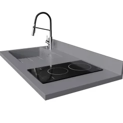 Plan de travail monobloc PlaniQuartz avec évier - 120 cm - Cromo - évier à gauche - Plaque de cuisson Vitrocéramique