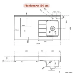 Plan de travail monobloc PlaniQuartz avec évier - 120 cm - Nero - évier à droite - Plaque de cuisson Non inclus