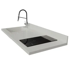 Plan de travail monobloc PlaniQuartz avec évier - 140 cm - Snova - évier à gauche - Plaque de cuisson Induction