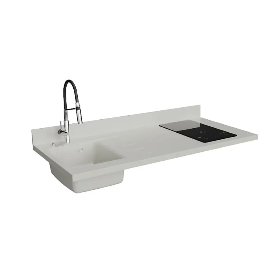 Plan de travail monobloc PlaniQuartz avec évier - 140 cm - Snova - évier à gauche - Plaque de cuisson Induction