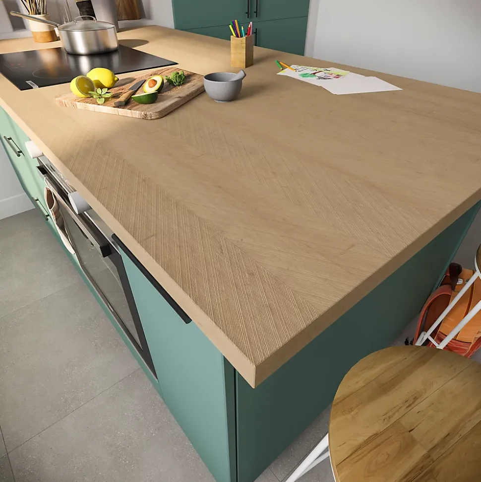 Plan de travail stratifié aspect chevron chêne GoodHome Berberis L.300 x l.62 x Ép.3,8 cm