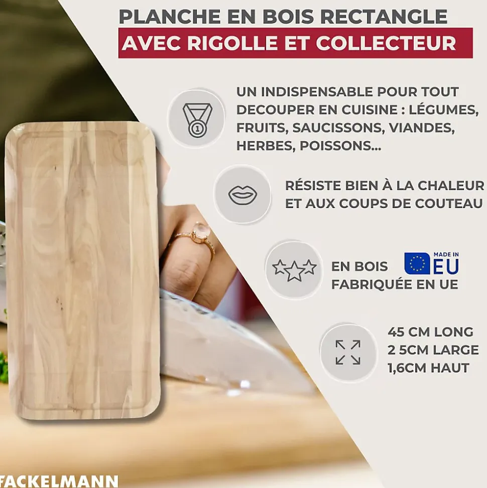 Planche à découper, hêtre avec rigolle et collecteur de sang 45 x 25 cm Fackelmann Wood Edition