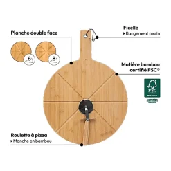 Planche à découper pizza avec roulette 37cm Bambou - 5Five
