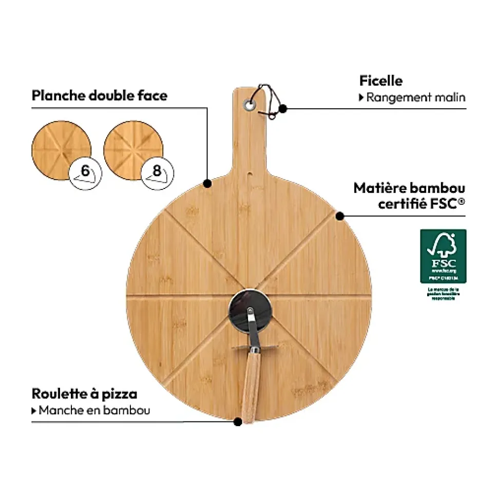 Planche à découper pizza avec roulette 37cm Bambou - 5Five