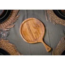 Planche à découper ronde 18 cm en bois de teck avec manche - EKIA