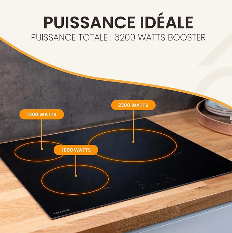 Plaque de cuisson encastrable à induction - 3 foyers, 6200 W avec minuteur intégré