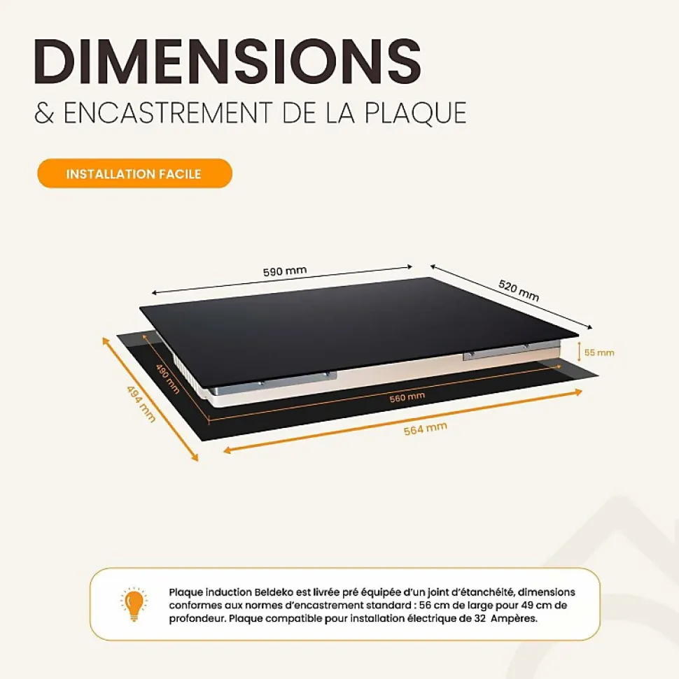 Plaque de cuisson encastrable à induction - 3 foyers, 6200 W avec minuteur intégré