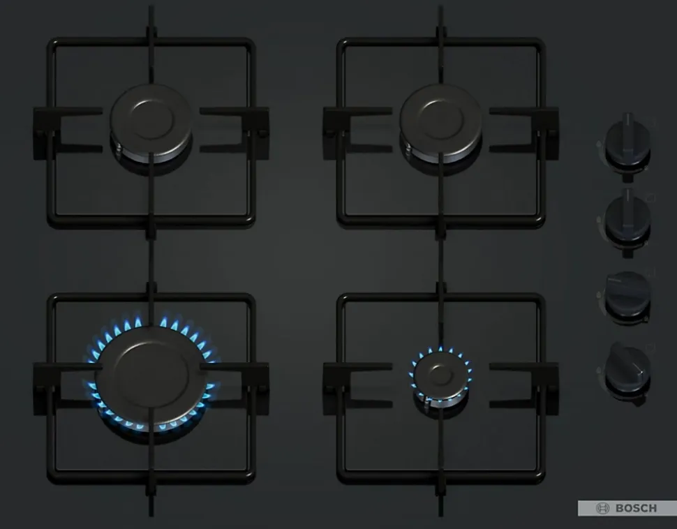 Plaque de cuisson gaz 4 foyers - coloris noir l.59 x P.52 x H.4,5 cm - Bosch POP6B6K30